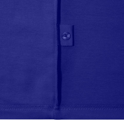 Close-up of a blue polo shirt with a spare button