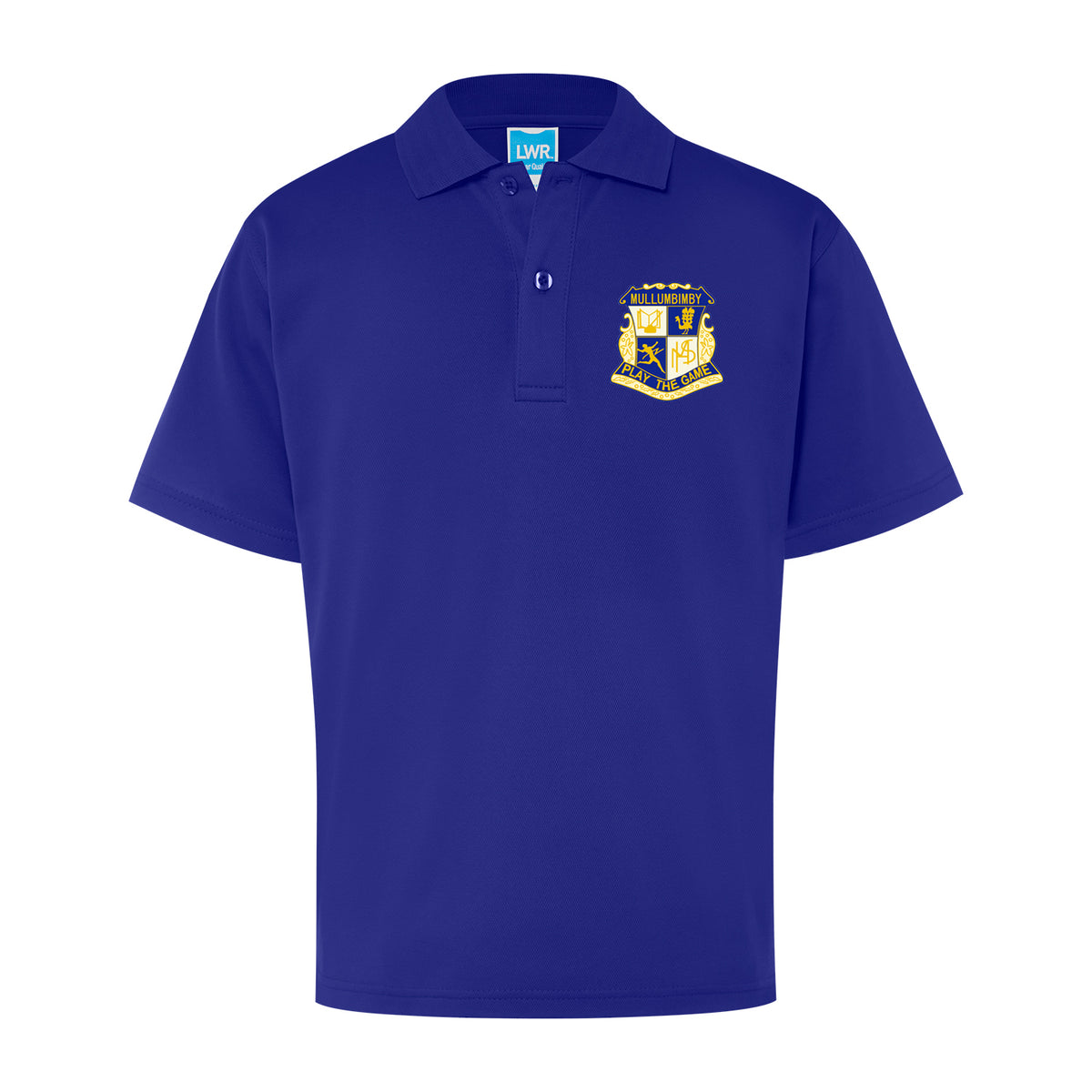 Blue polo shirt with a logo on the chest against a white background