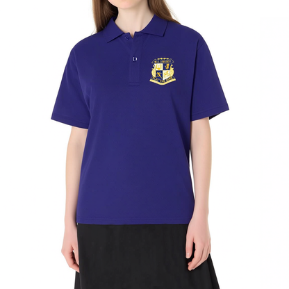 Person wearing a blue polo shirt with a logo on a white background